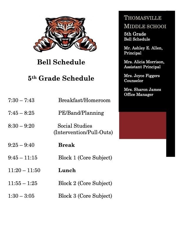 Fifth Grade Bell Schedule 2021-2022