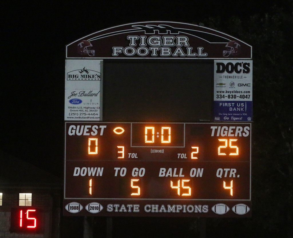Scoreboard from THS-Hale County football game 10-8-2021