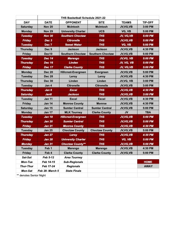 THS basketball schedule 21-22