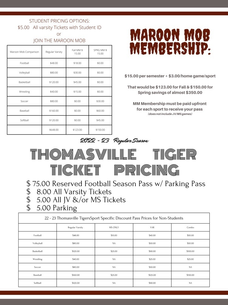 various prices for THS athletics