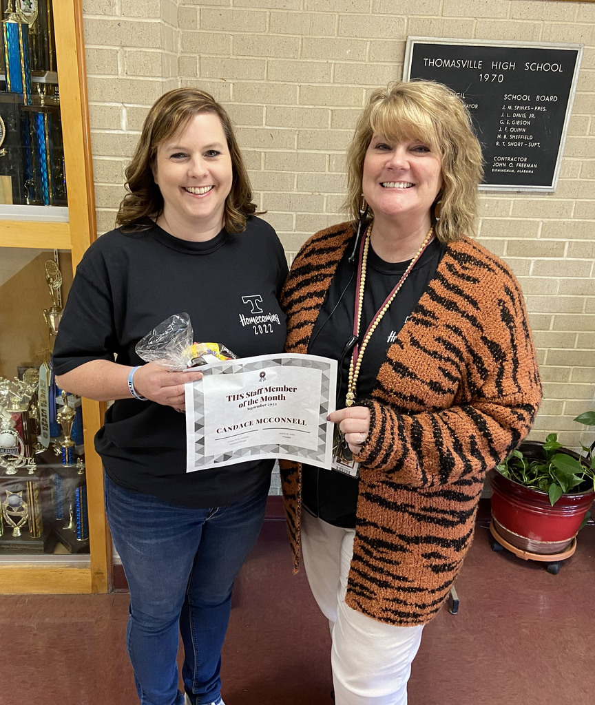 Candace McConnell (left), bookkeeper at Thomasville High School, has been selected as the THS "Staff Member of the Month" for September 2022. She is pictured with Charlotte Parker, THS Assistant Principal.