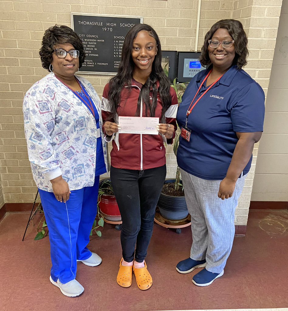 The Thomasville High School chapter of HOSA (Future Health Professionals) has received a $500 donation from Lifesouth Community Blood Centers. The HOSA chapter recently sponsored a successful Lifesouth blood drive. Pictured are Vickie Charleston, a Health Sciences career tech teacher at THS; Caniya Burroughs, the vice president of the THS HOSA chapter; and Jasmine Broughton, Donor Recruiter for Lifesouth.