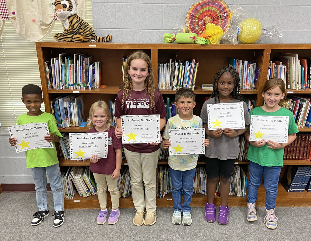 "Students of the Month" for May 2023 at Thomasville Elementary School have been chosen:  Chayse Harris, kindergarten; Mary Beth Fendley, pre-K; Emma Kate Pugh, fourth grade; Kayceton Rodriguez, first grade; Januari Blanks, third grade; and Aryana Swanson, second grade.