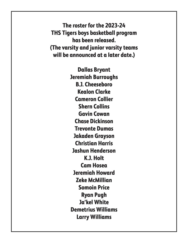 The THS Tigers boys basketball roster has been released.
