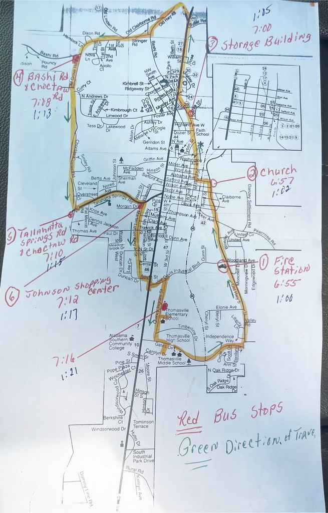 There are only six official stops for school buses during 2023 summer school in the Thomasville City Schools District. Times for morning and midday are written on the map.
