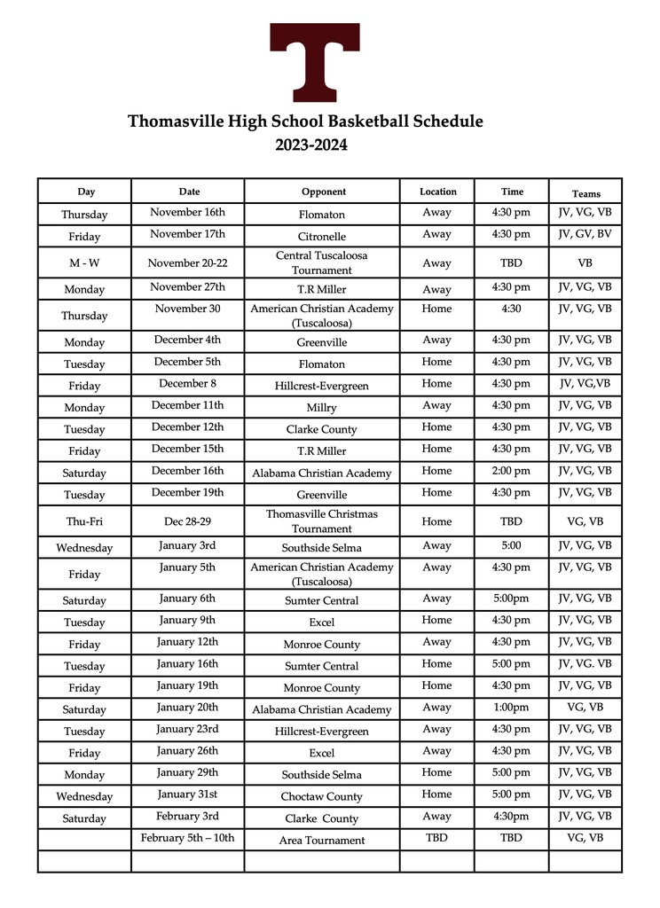Thomasville High School has announced the 23-24 basketball schedule.