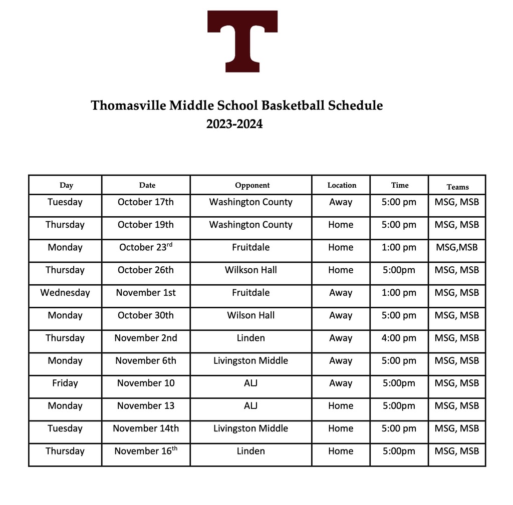 Thomasville Middle School has announced the 2023 basketball schedule.