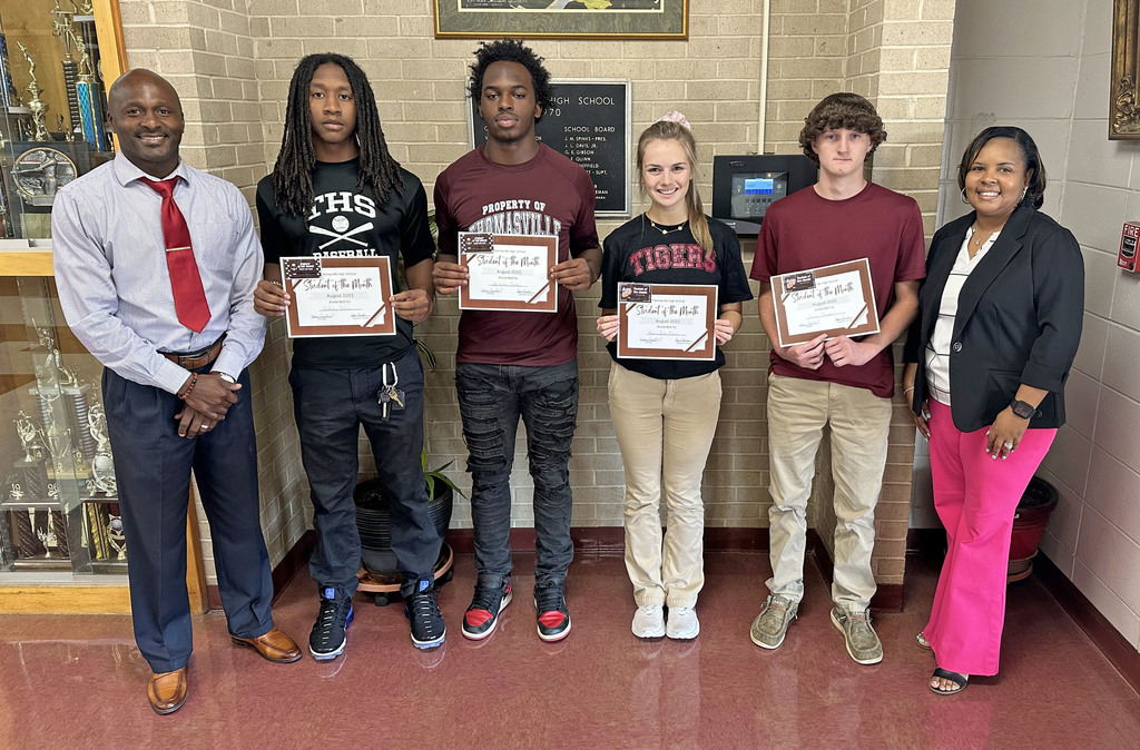 "Students of the Month" for August 2023 at Thomasville High School are Anthony Dotson, 11th grade; Ke'Lontae Clarke, 10th grade; Maura Kate Morris, 12th grade; and Carter Thompson, ninth grade. They are pictured with Eddie Armstead Jr., THS Principal; and April Bouler, THS Assistant Principal.