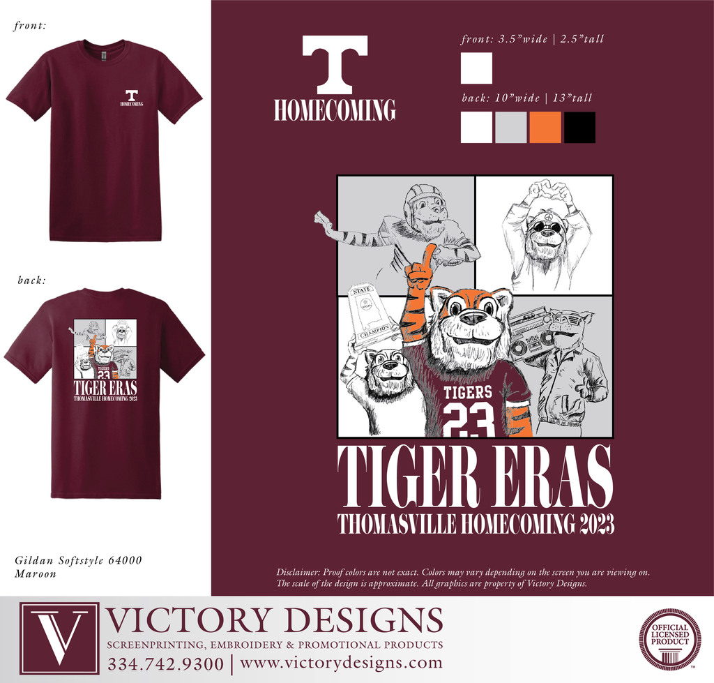 The 2023 TCS Homecoming T-shirt is on sale Wednesday, Sept. 20. Prices are $18 for youth small to adult XL; $20 for 2XL and 3XL. Deadline for orders is Sept. 29. Forms will be in the THS Main Office on Wednesday.